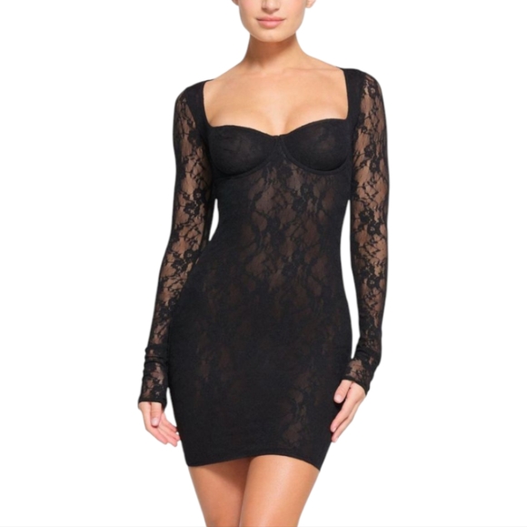 SKIMS Dresses & Skirts - Skims Stretch Lace Long Sleeve Underwire Dress Black Womens Medium NWT